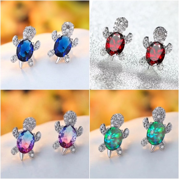 “Just Keep Swimming” Turtle Diamond Gem Earrings - Picture 5 of 11